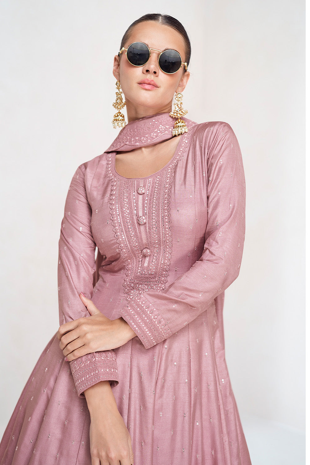 Dusty Pink Color Silk Embroidered Anarkali Kurti