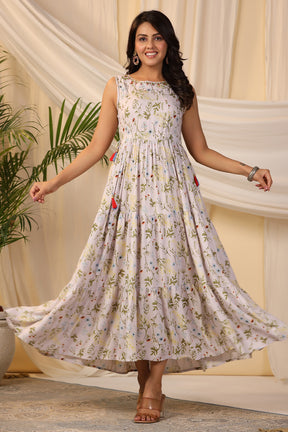 Cream Color Muslin Printed Peonies Dress