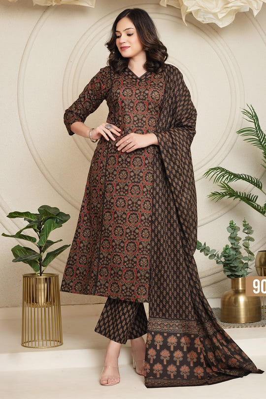 Black Cotton Floral Printed Suit Set