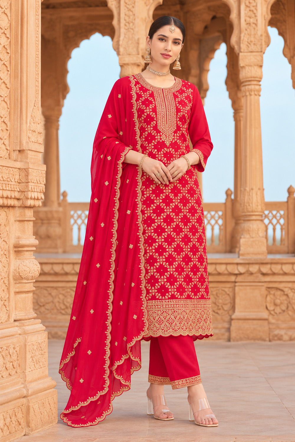 Red Crepe Silk Zari Woven And Embroidered Unstiched Suit Material