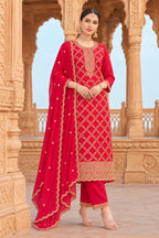 Red Crepe Silk Zari Woven And Embroidered Unstiched Suit Material