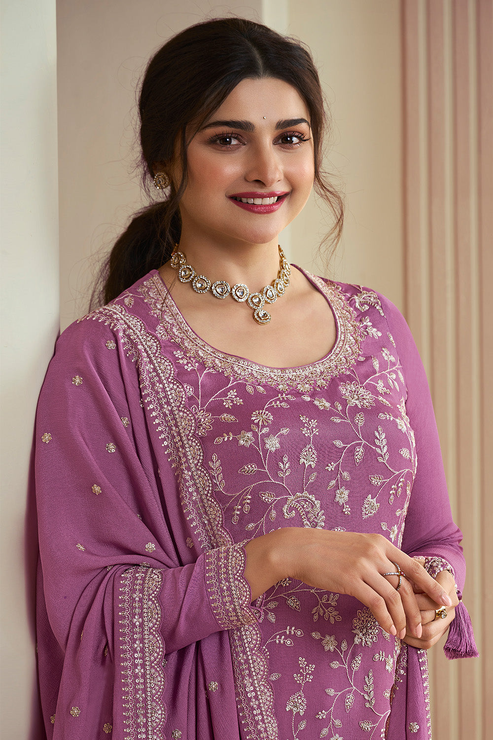 Lilac Pink Color Embroidered Georgette Unstitched Suit Material With Stitched Sharara