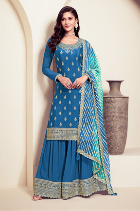 Blue Silk Embroidered Unstitched Suit Material With Readymade Palazzo