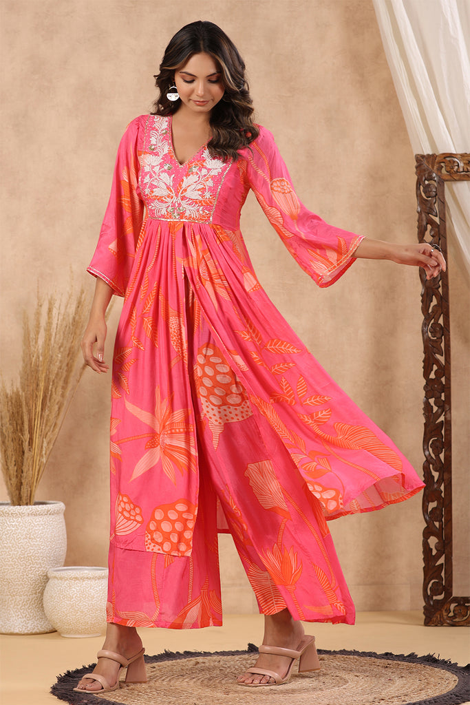 Magenta Color Muslin Printed Front Slit Kurta With Sharara