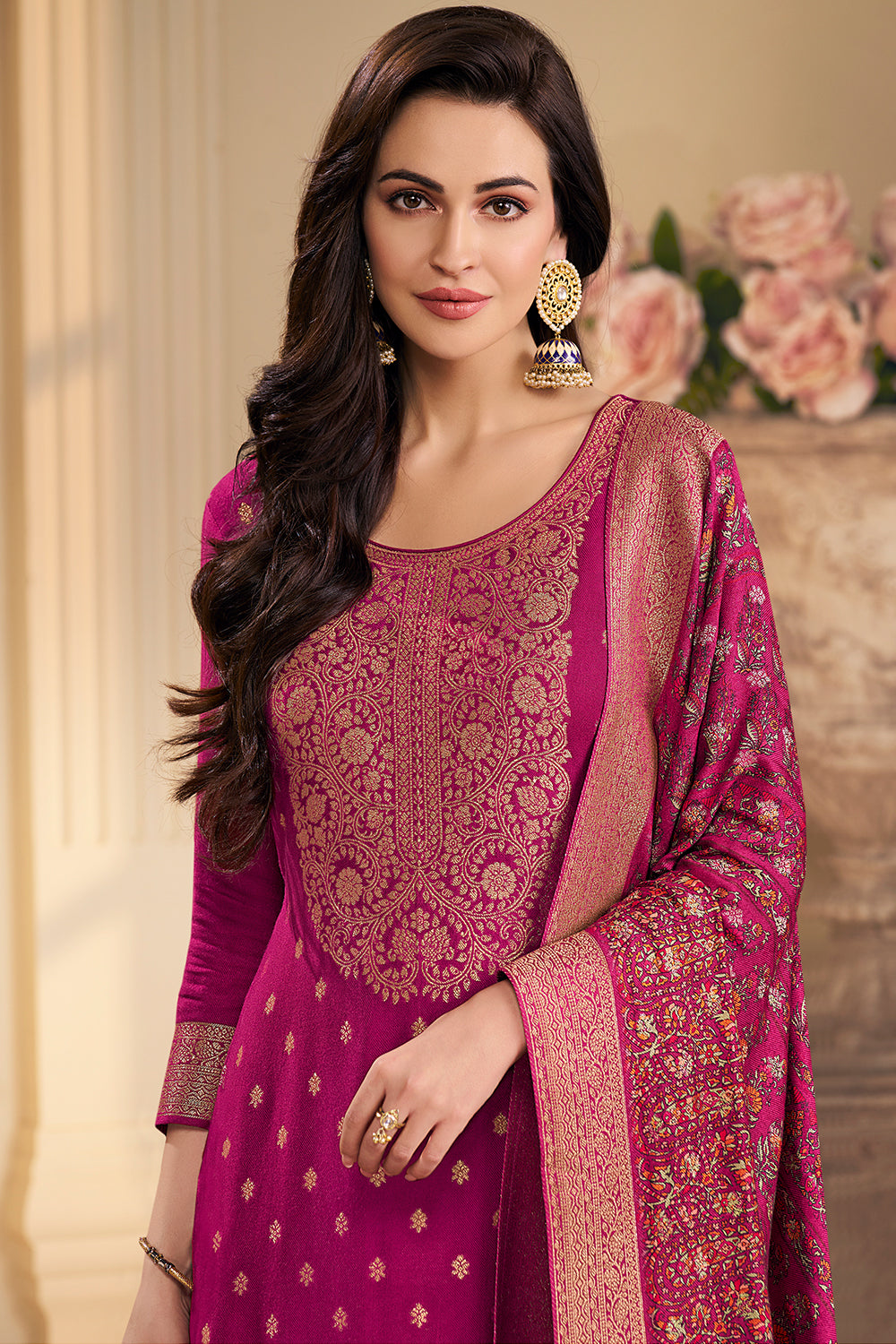 Magenta Pink Pashmina Zari Woven Unstitched Suit Fabric
