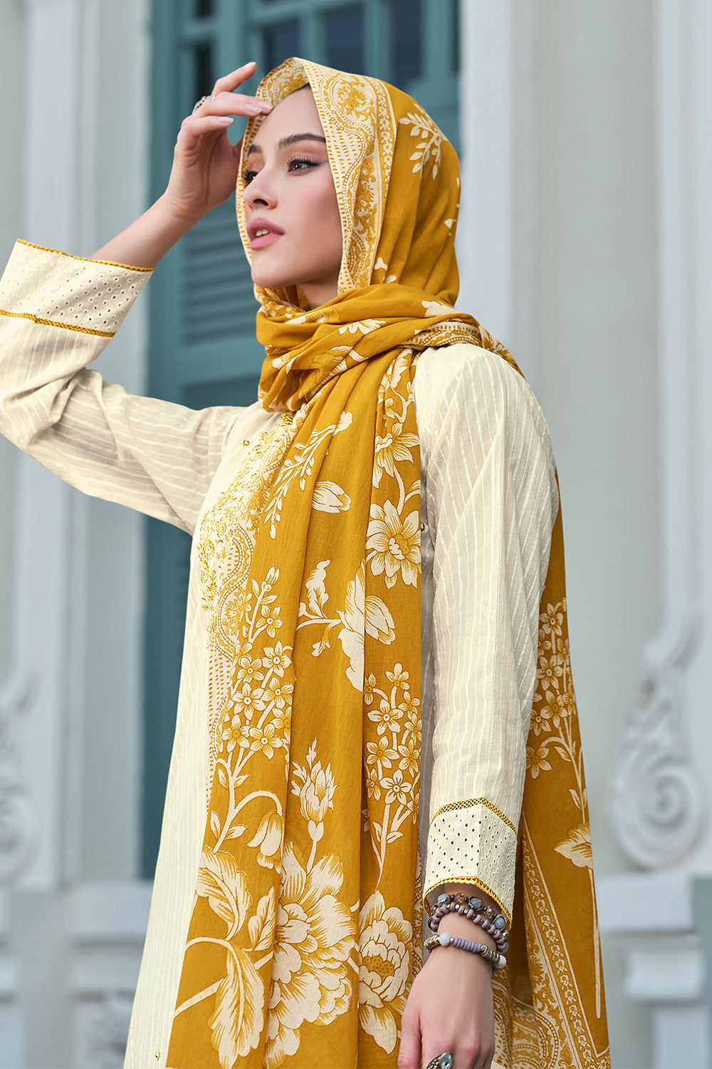 Mustard & Cream Color Embroidered Unstitched Suit Material