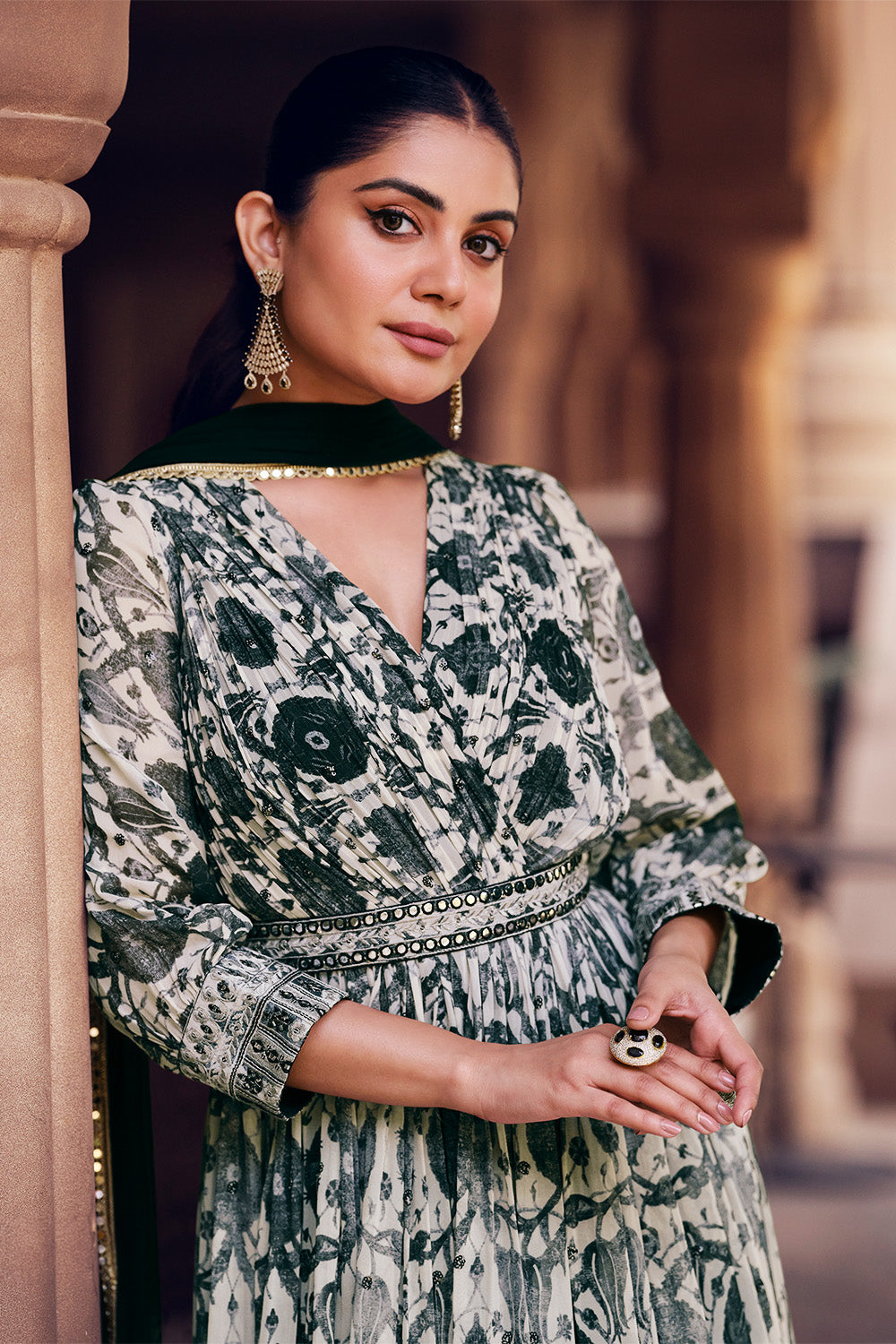 White & Black Color Georgette Printed & Zari Embroidered Gown