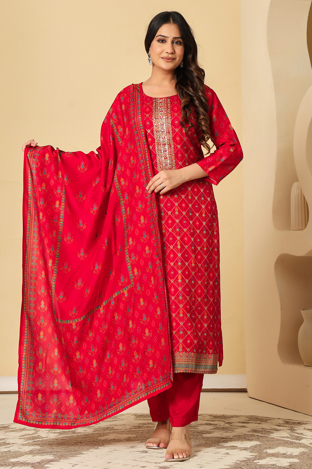 Maroon Silk Resham Woven Suit Set