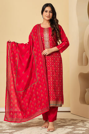 Maroon Silk Resham Woven Suit Set