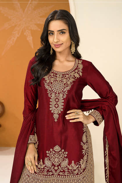 Maroon Crepe Silk Cut-Dana Embroidered Suit With Embroidered Palazzo