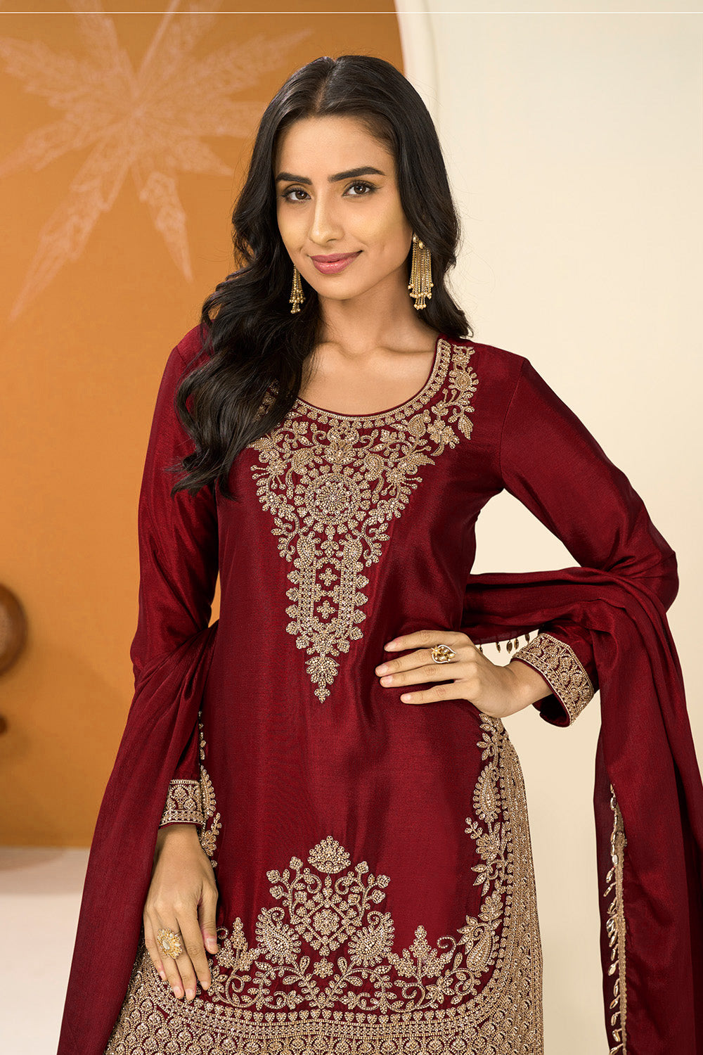 Maroon Crepe Silk Cut-Dana Embroidered Suit With Embroidered Palazzo