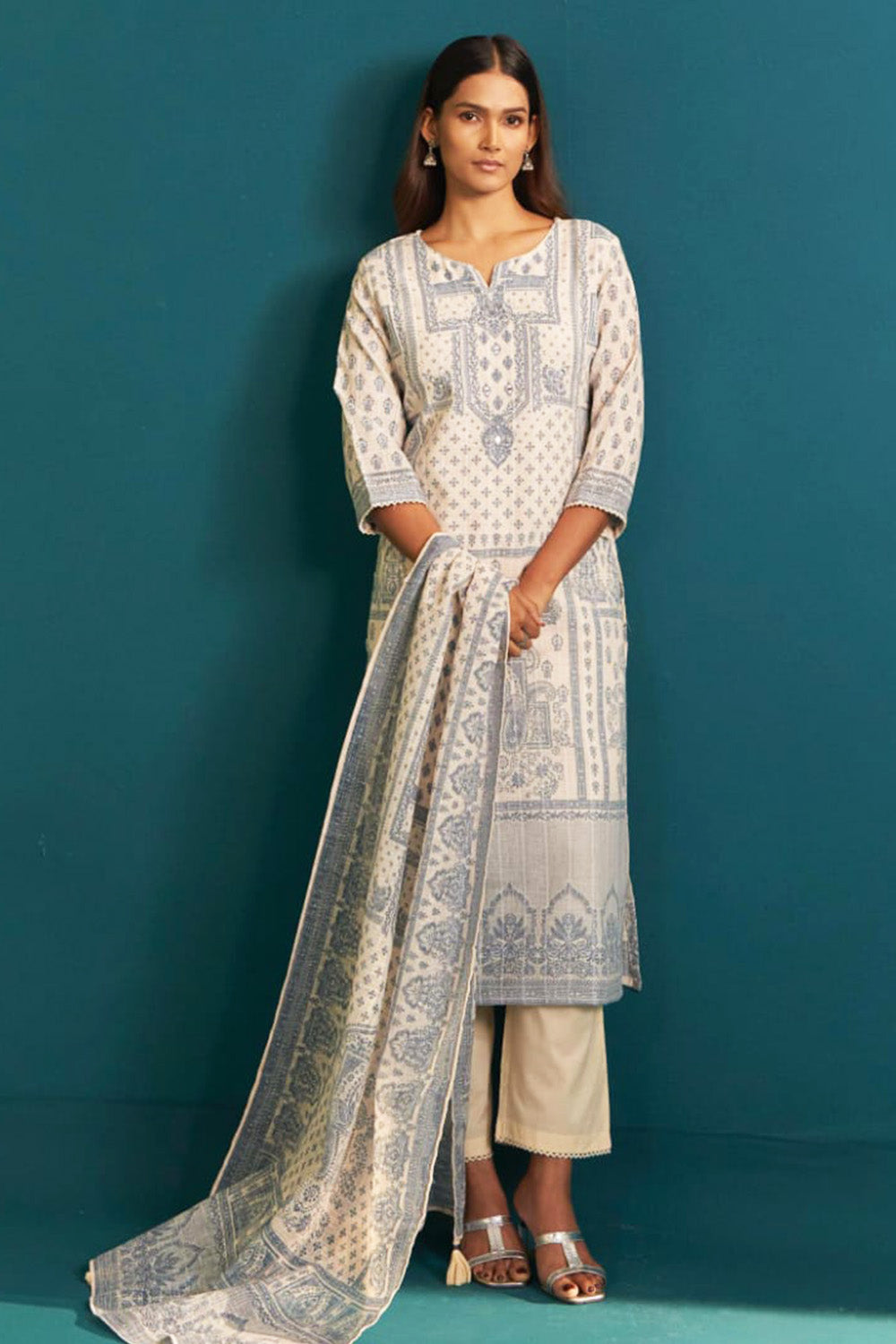 Cream and Blue Color Khadi Cotton Printed Suit