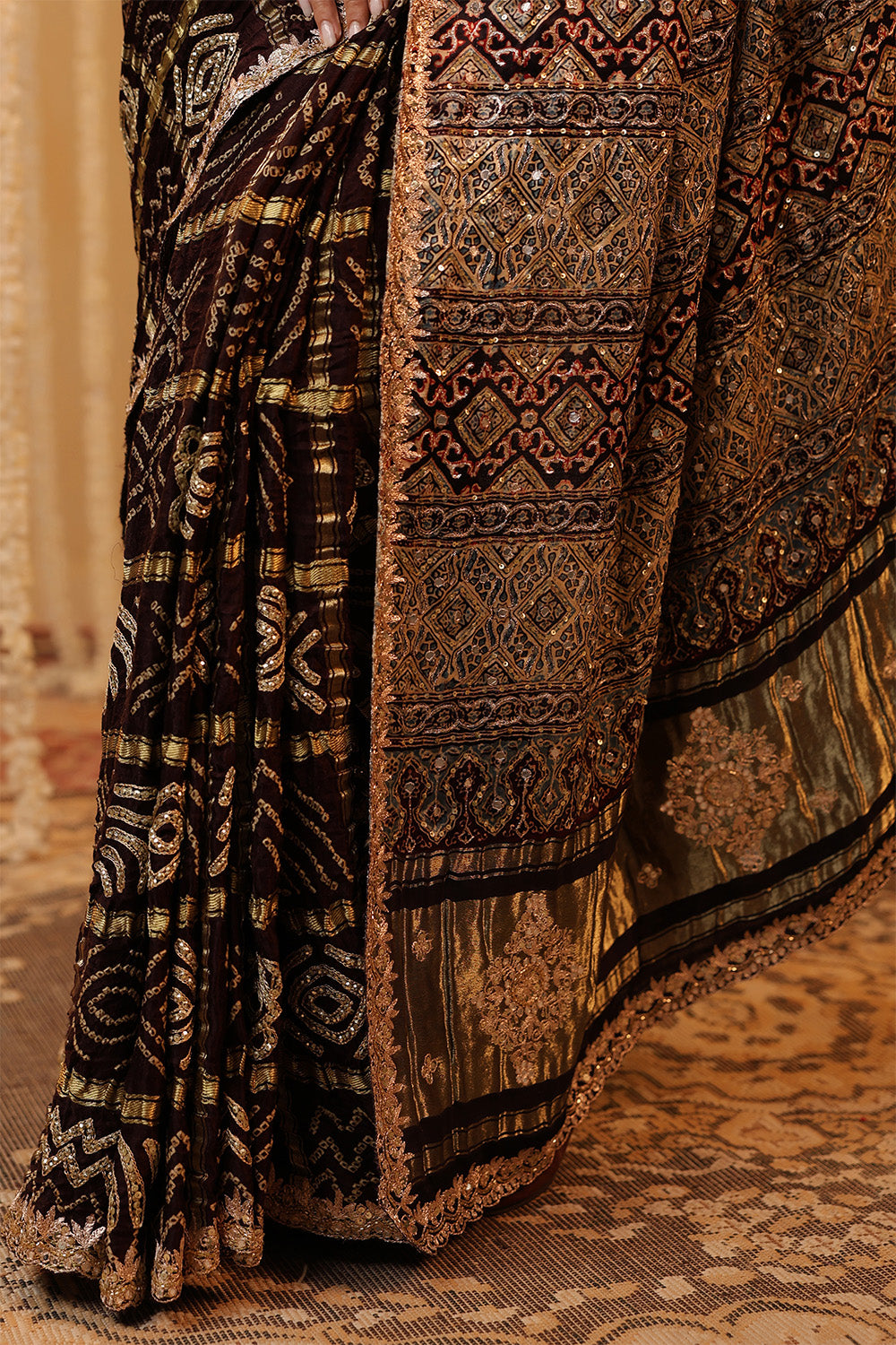 Brown Pure Gajji Silk Printed And Embroidered Saree