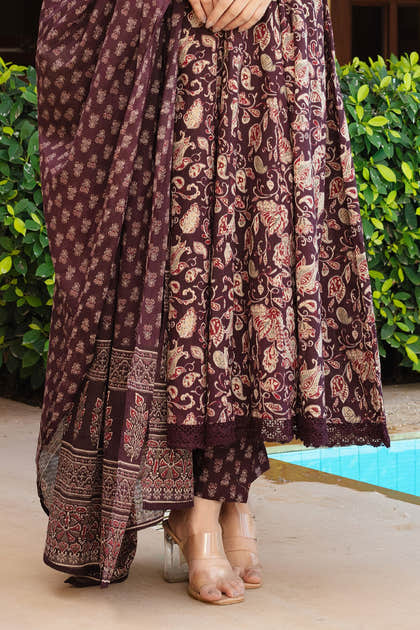 Dark Scarlet Cotton Printed Floor Lenght Anarkali Suit