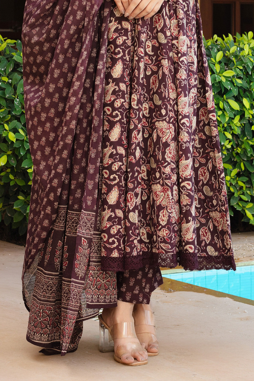 Dark Scarlet Cotton Printed Floor Lenght Anarkali Suit