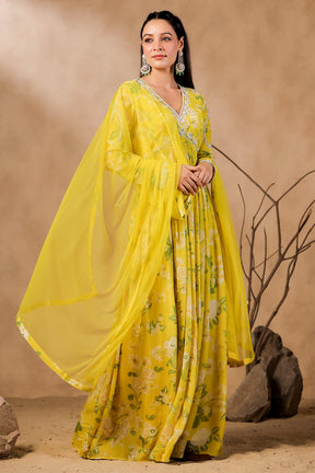 Lemon Color Crepe Alia-Cut Printed Anarkali Suit