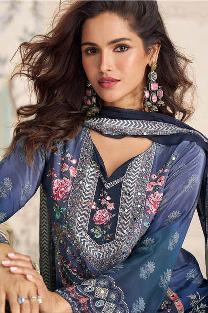 Navy Crepe Silk Mirror And Swarovski Embroidered Printed Suit With Gharara
