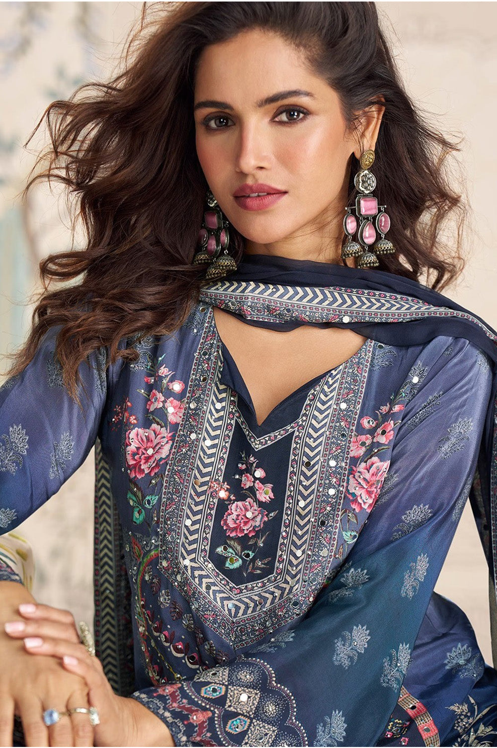 Navy Crepe Silk Mirror And Swarovski Embroidered Printed Suit With Gharara