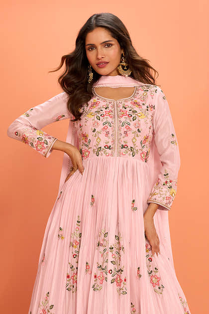 Baby Pink Crepe Silk Embroidered Anarkali Suit With Skirt