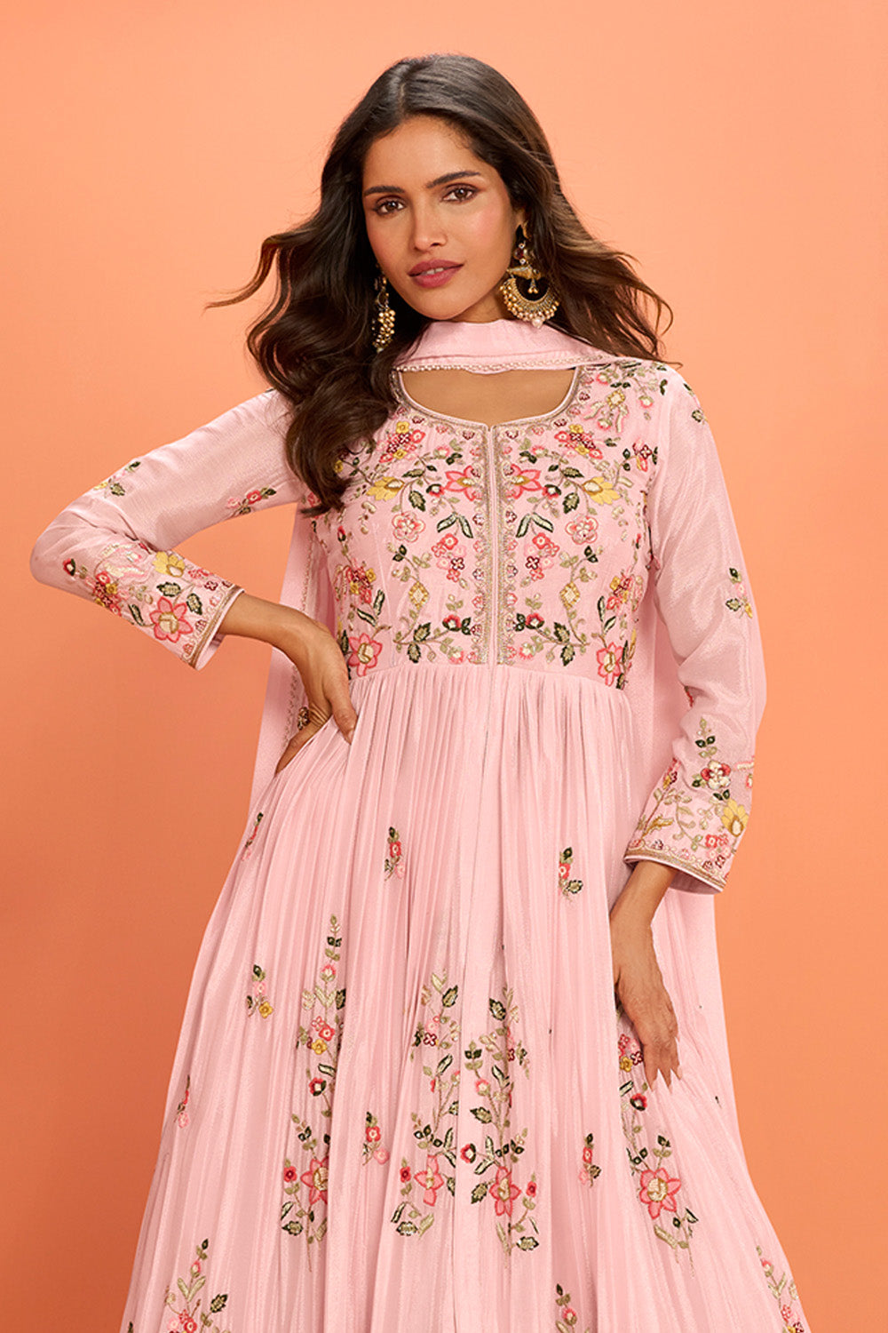Baby Pink Crepe Silk Embroidered Anarkali Suit With Skirt