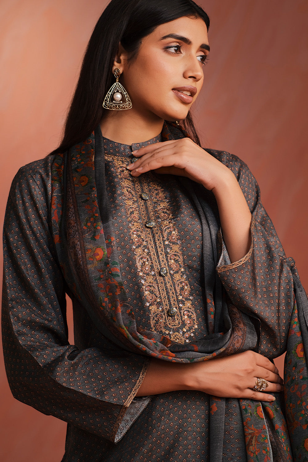Grey Colour Printed Pashmina Unstitched Suit Fabric