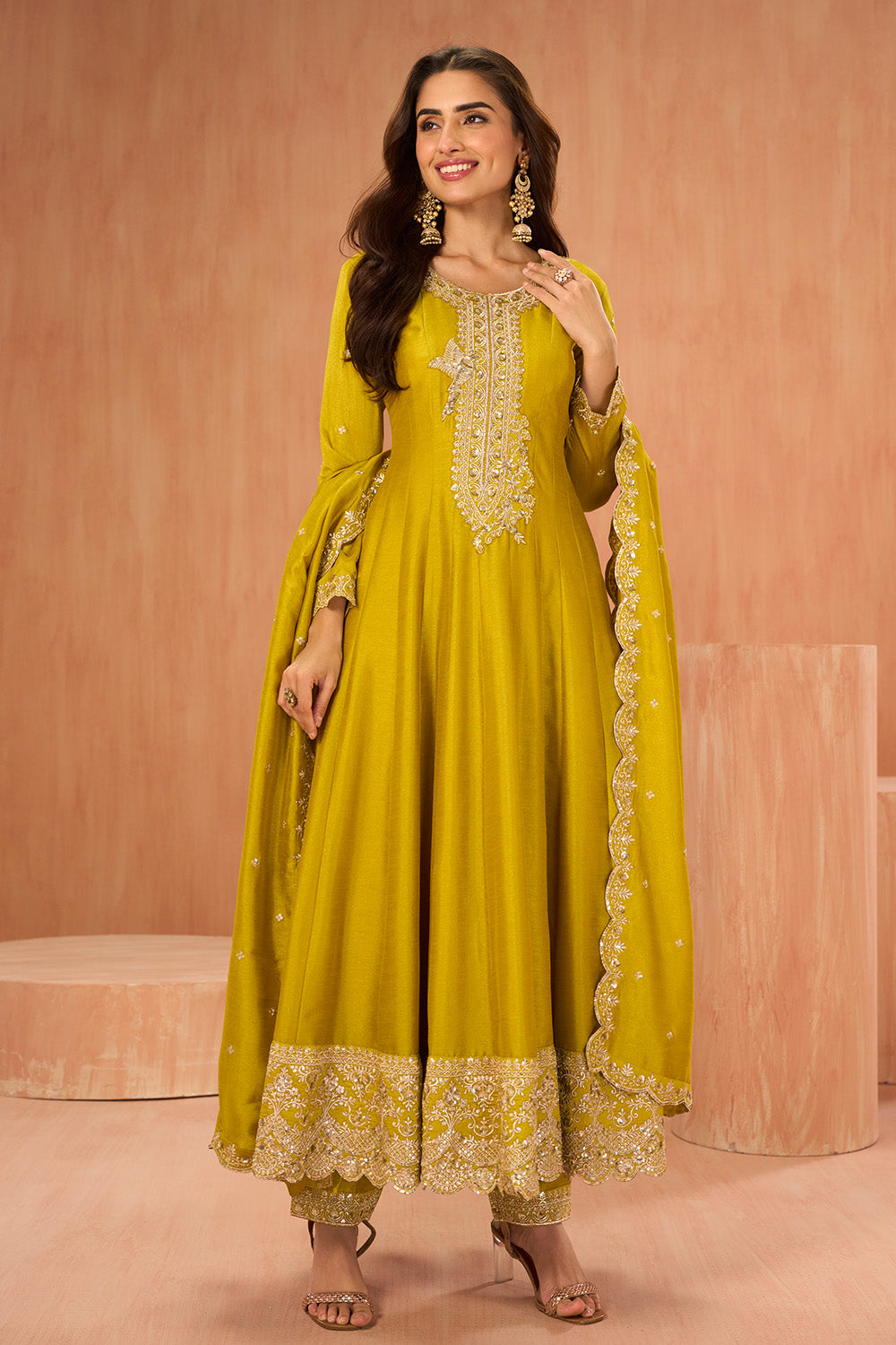Mustard Crepe Silk Zari and Sequins Embroidered Anarkali Suit