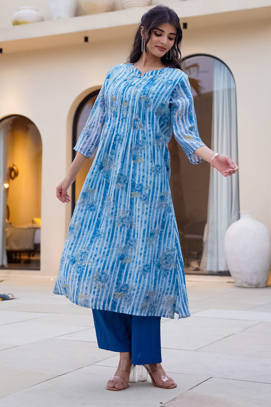 Blue Floral Printed Muslin Kurta Set