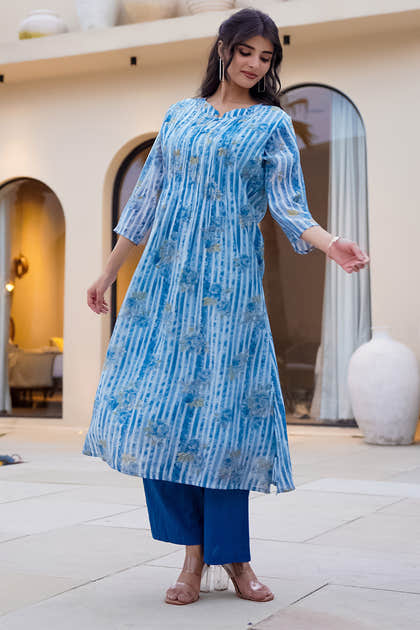 Blue Floral Printed Muslin Kurta Set