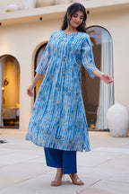 Blue Floral Printed Muslin Kurta Set