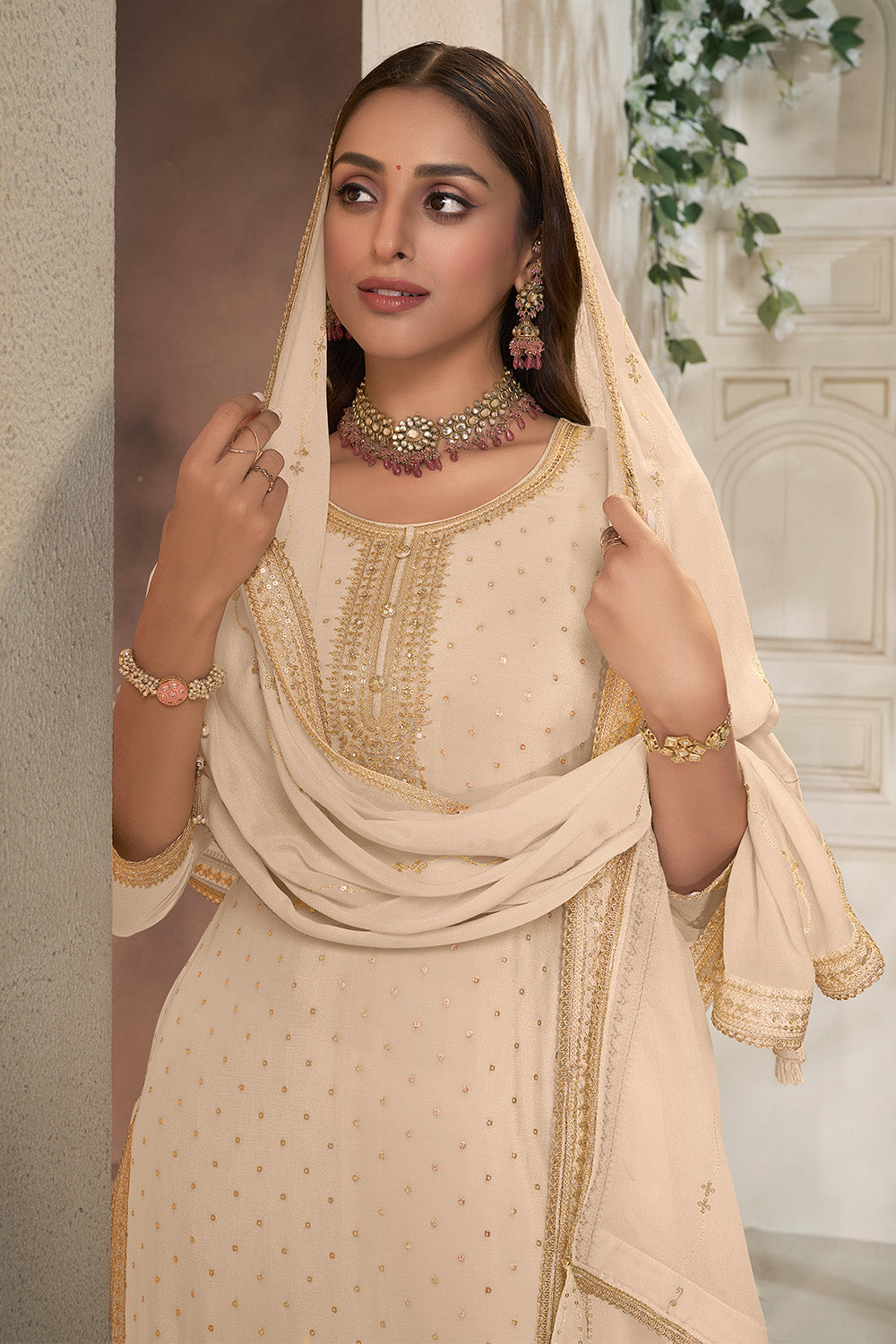Cream Crepe Silk Zari Embroidered Suit With Embroidered Palazzo