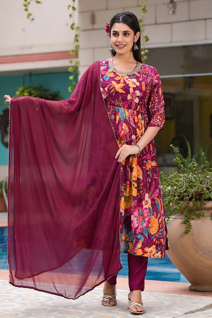 Wine Muslin Floral Printed & Neck Embroidered Suit