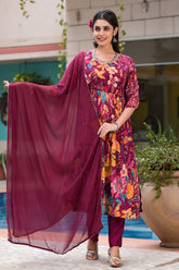 Wine Muslin Floral Printed & Neck Embroidered Suit