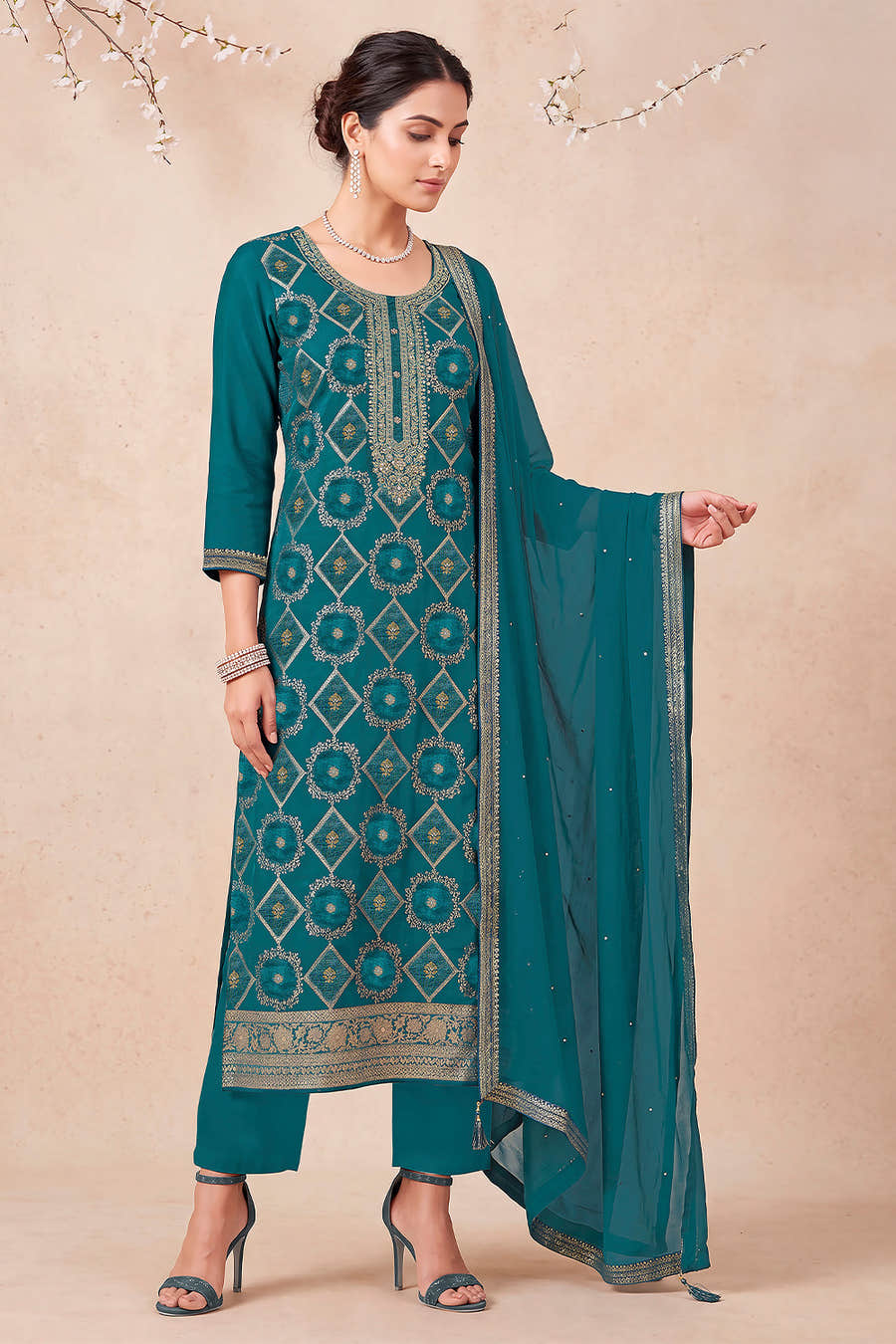 Teal Blue Zari Woven Silk Unstitched Suit Fabric