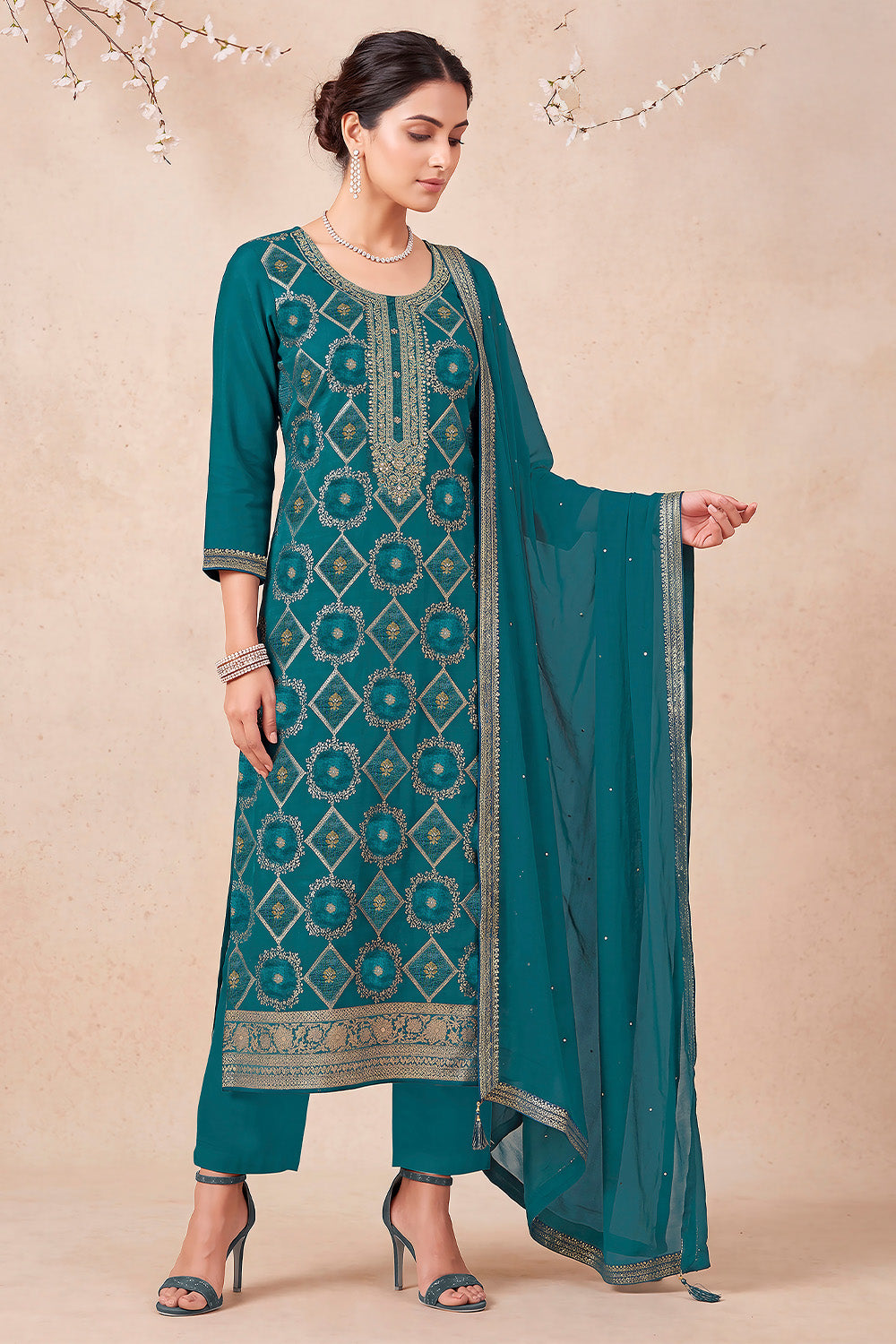 Teal Blue Zari Woven Silk Unstitched Suit Fabric