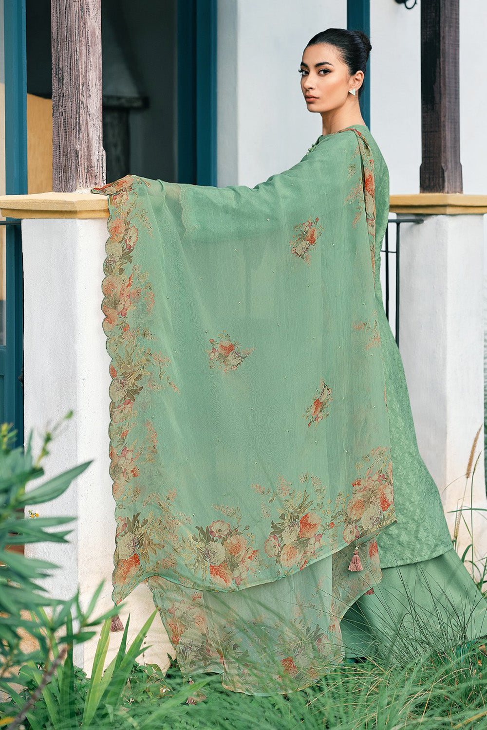 Sea Green Printed And Embroidered Cotton Unstitched Suit