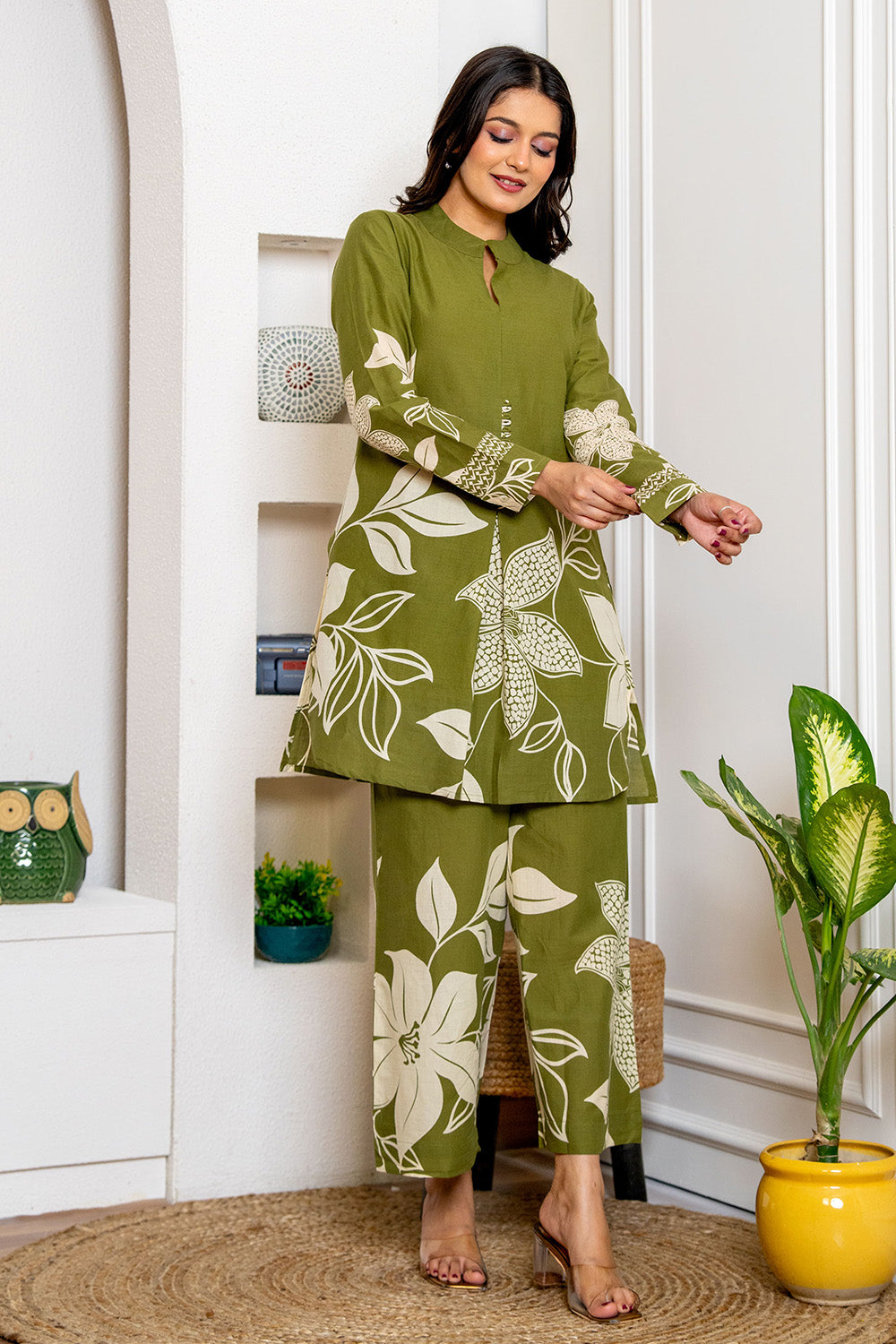 Green Color Cotton Printed Co-Ord Dress