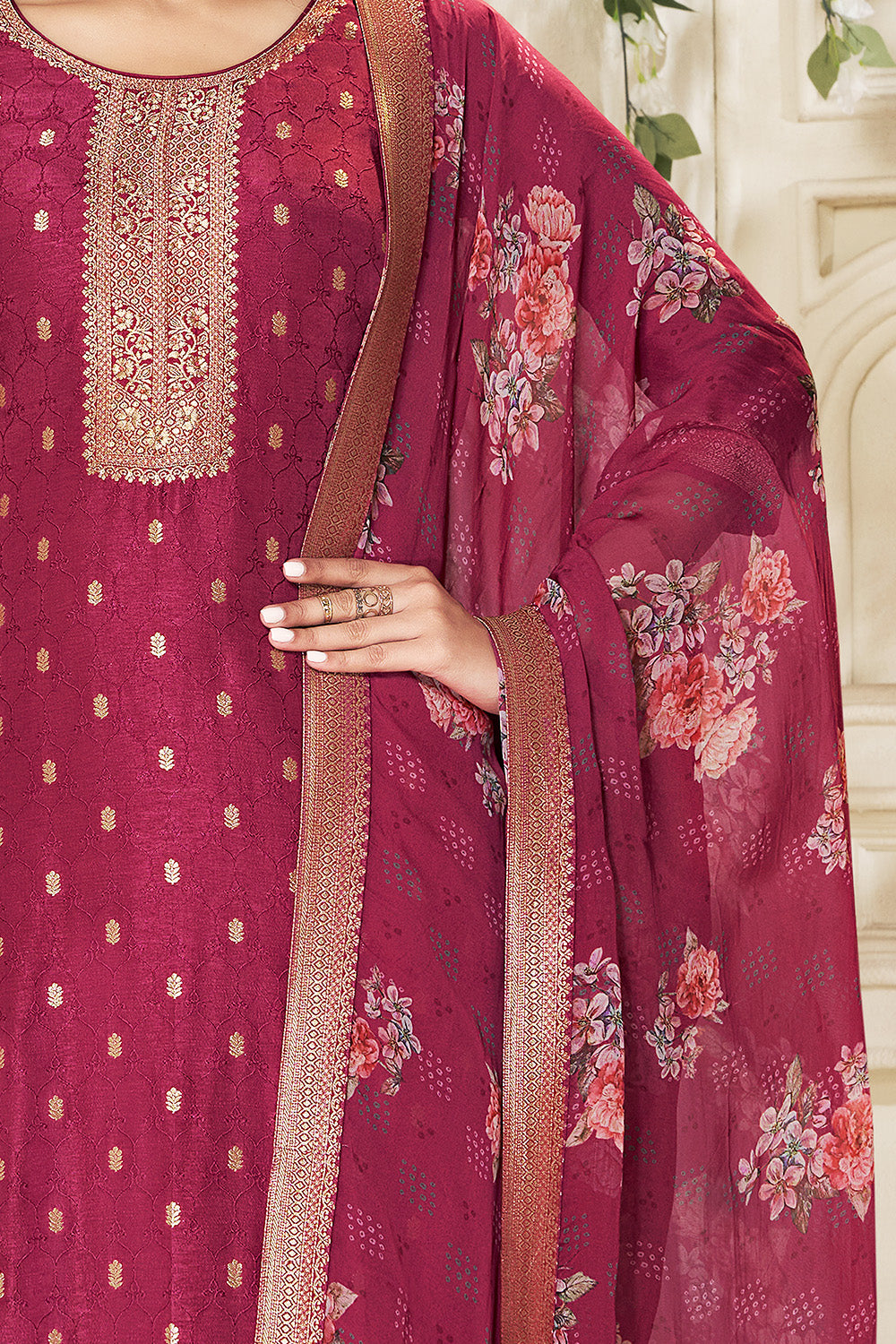 Maroon Color Silk Woven Straight Suit