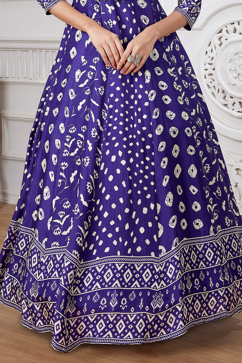 Dark Violet Color Crepe Silk Printed &amp; Neck Embroidered Anarkali Kurti