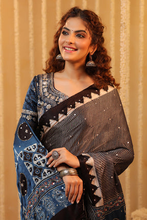 Black & Blue Pure Mulberry Silk Printed And Embroidered Saree