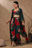Bottle Green Color Printed Crepe Crop-Top with Shrug and Dhoti Style Skirt
