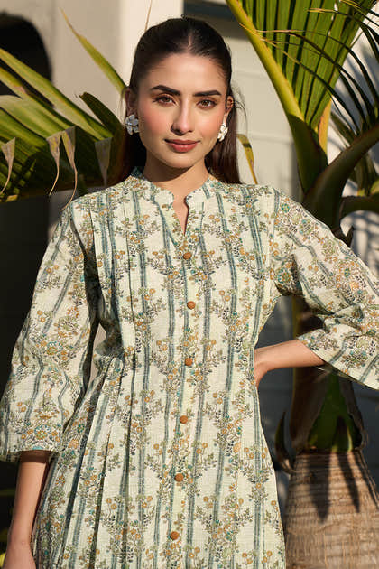 Pista Green Floral Printed Cotton Long Kurta Set