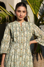 Pista Green Floral Printed Cotton Long Kurta Set