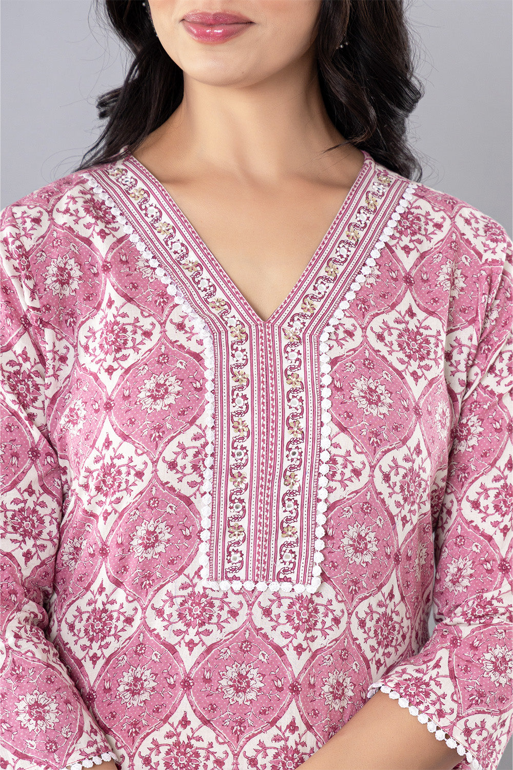 Onion Pink Cotton Floral Printed Suit