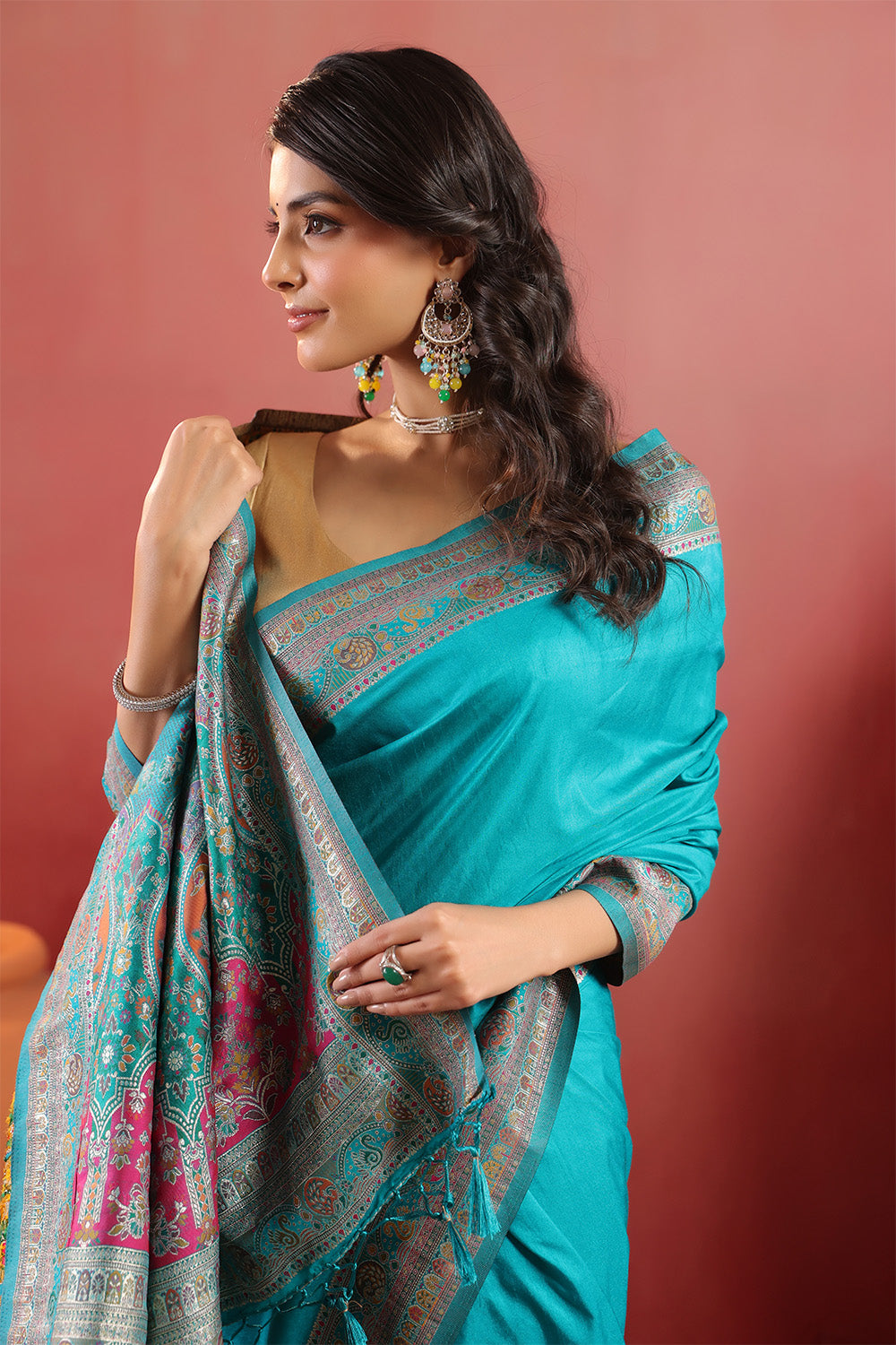 Teal Soft Silk Kalamkari Woven Saree