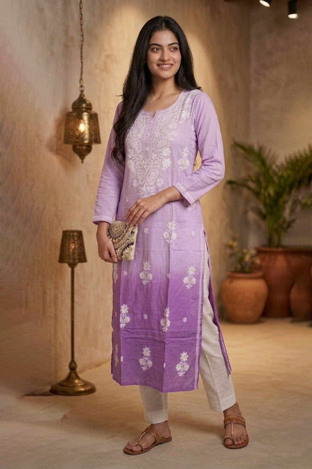 Ombre Lavander Resham Embroidered Rayon Cotton Kurta