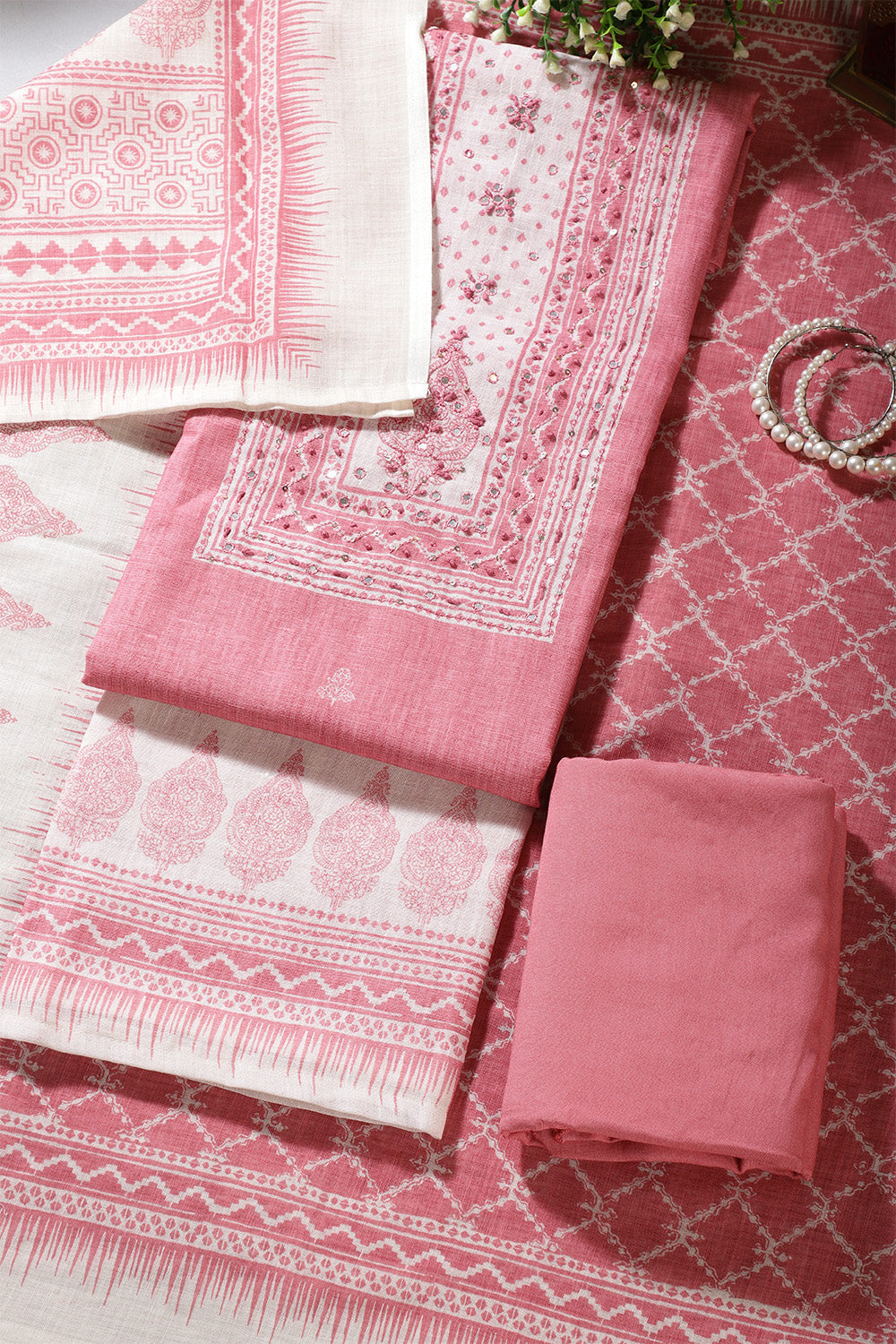 Dusty Pink Color Printed Linen Cotton Unstitched Suits