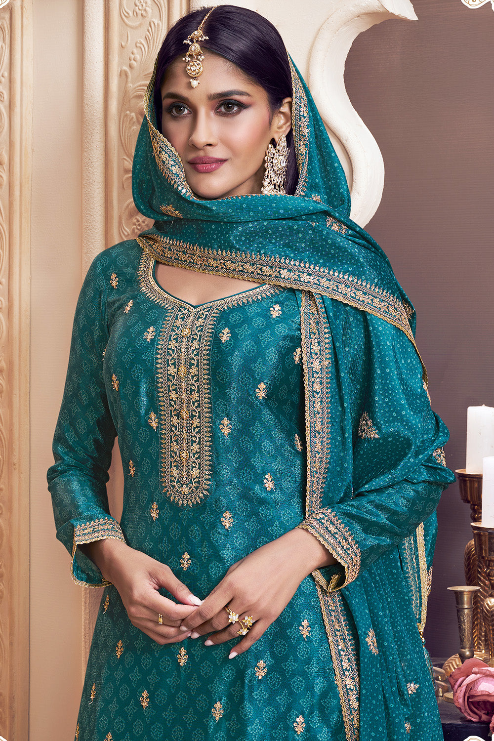 Blue Color Bandhani Printed & Embroidered Crepe Silk Unstitched Suit Material With Readymade Palazzo