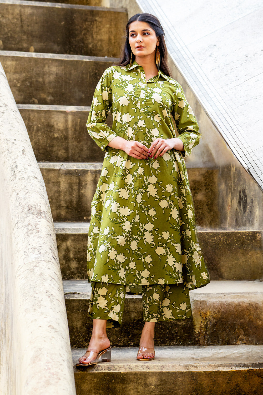 Green Floral Vine Printed  Cotton Kurta Set