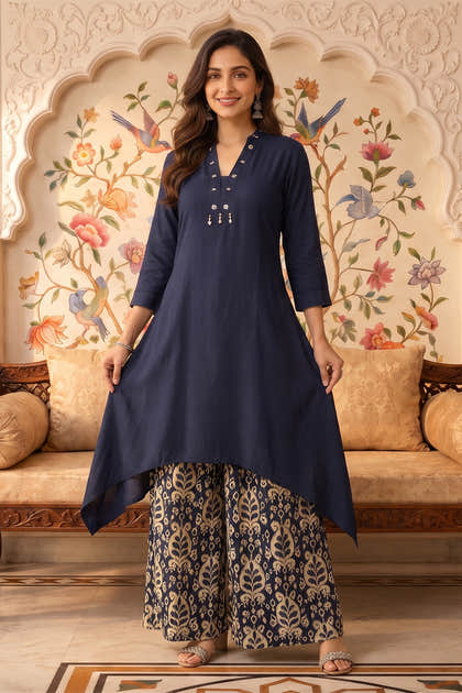 Navy Rayon Cotton Kurta With Printed Palazzo
