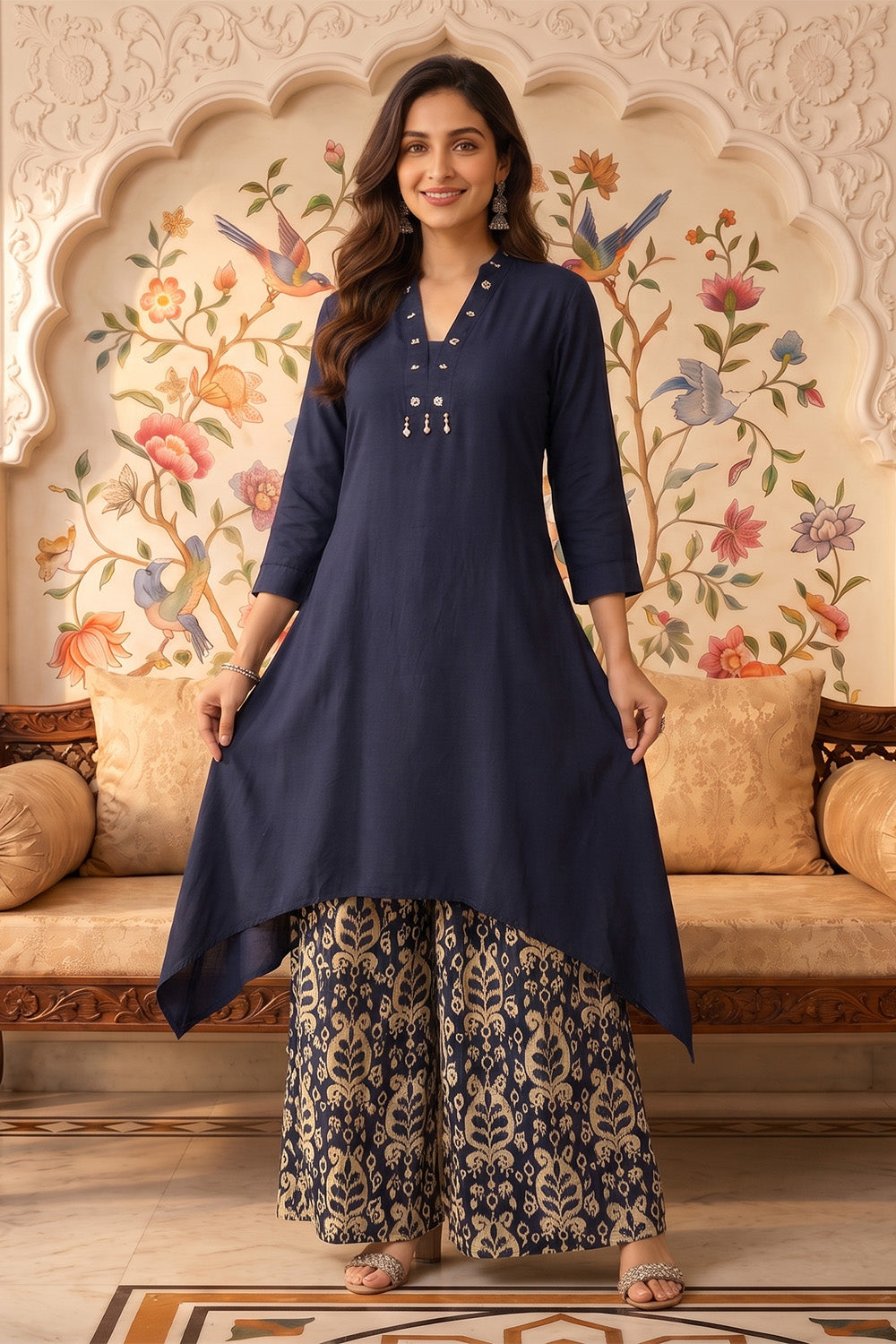 Navy Rayon Cotton Kurta With Printed Palazzo